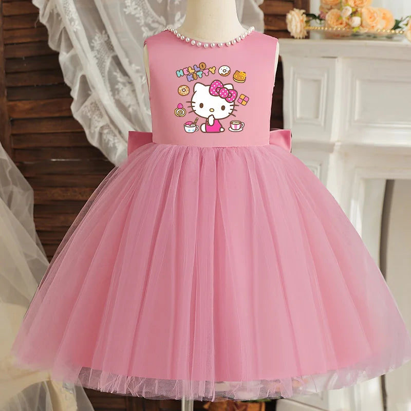 Hello Kitty Kids Pearls Elegant Princess Dress for Girls Backless Bow Baby 1st Birthday Baptism Tutu Gown Wedding Dress