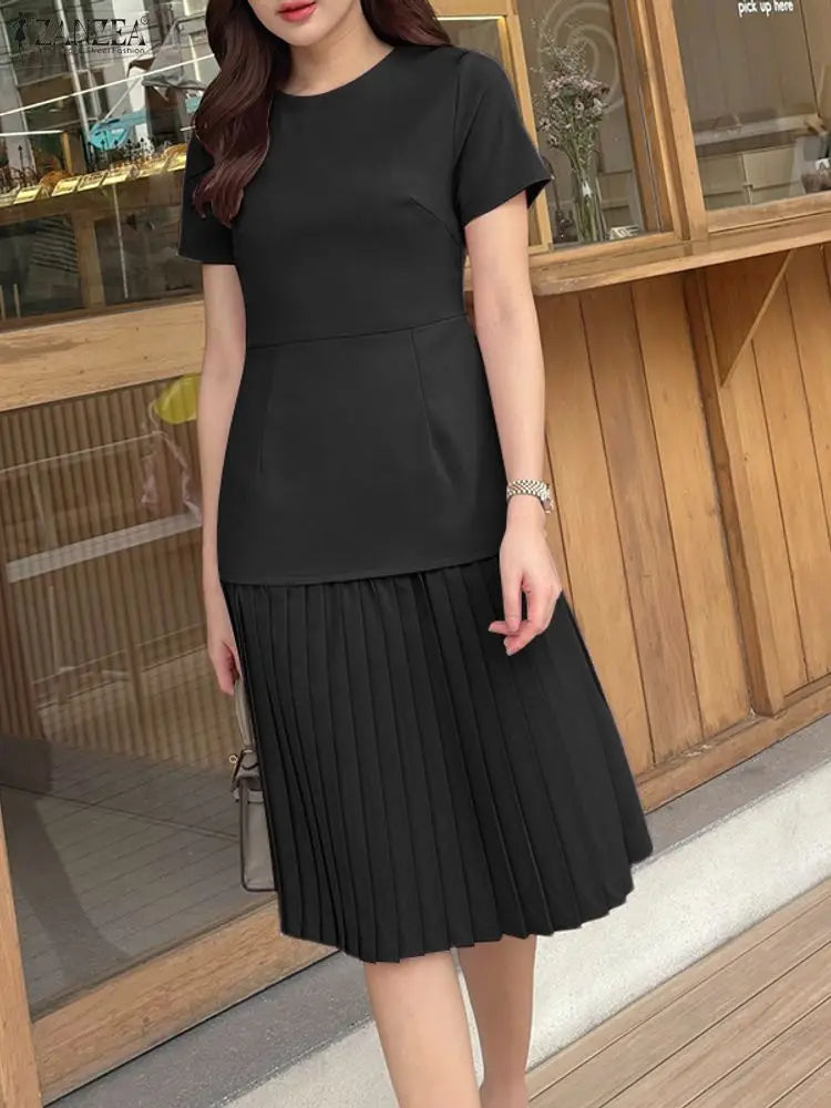 Women Pleated Dress 👗 Elegant O-Neck Short Sleeve Fitted Waist A-Line Knee-Length Dress 🌸 ZANZEA Fashion