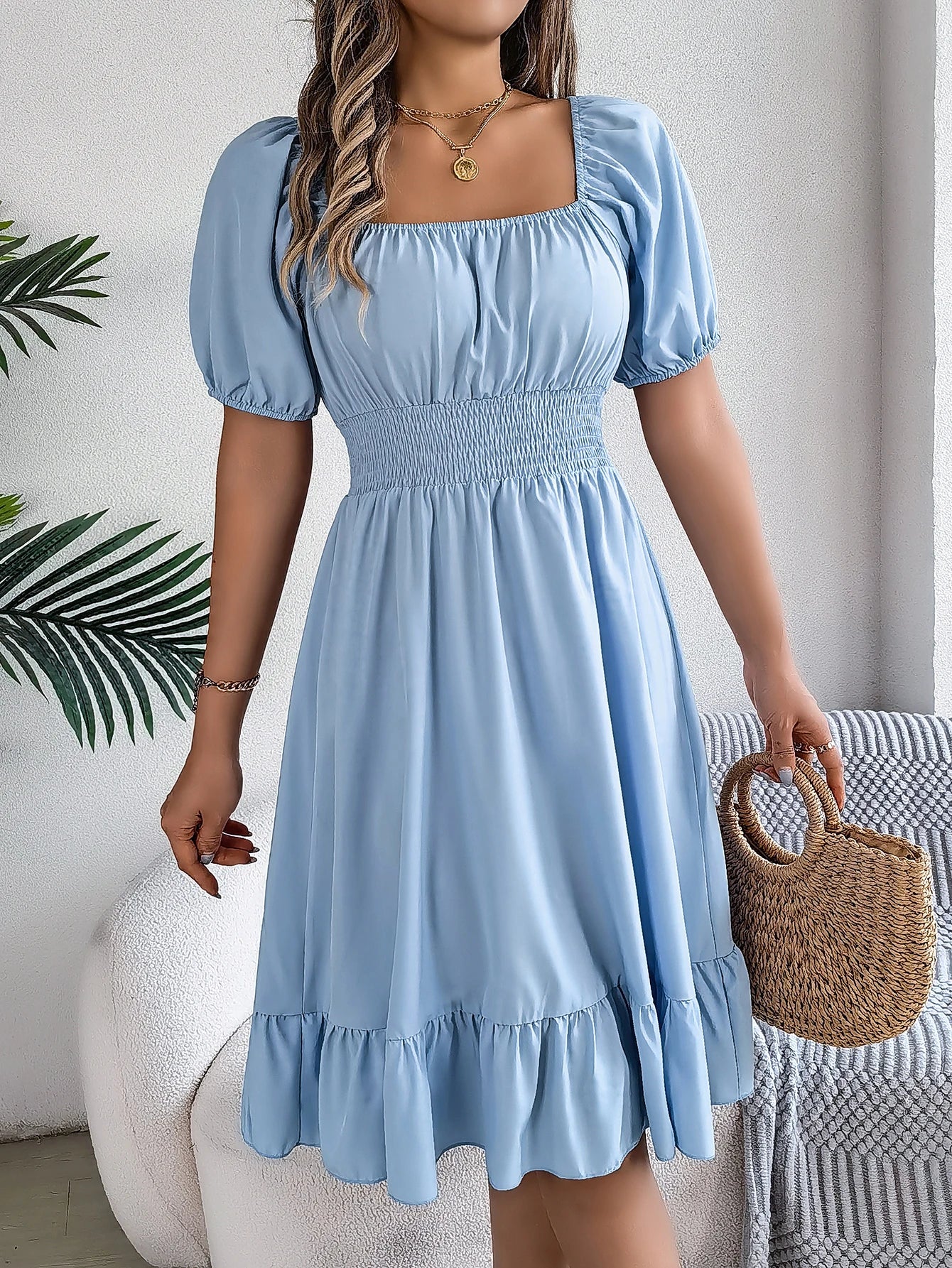 2026 Women’s Elegant High-Waisted Dress – Square Neck, Short Sleeve, Ruffled Edge Long Dress | Spring Summer Valentine’s Day