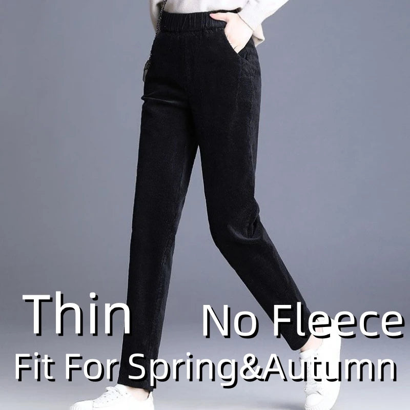 Autumn Winter Women’s Plush Fleece Pencil Pants – High Waist Corduroy Leggings | Elegant Office Trousers