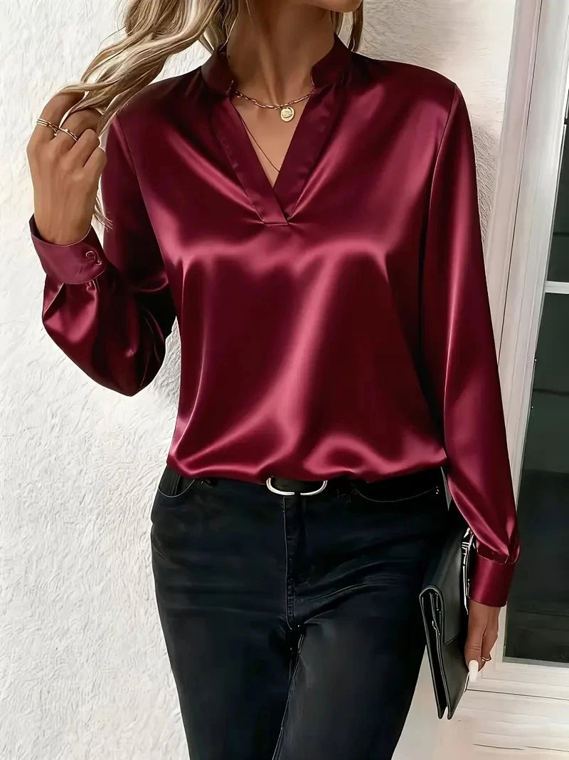 Elegant Long Sleeve V-Neck Silk-Like Top for Women – Office & Evening Wear Blouse