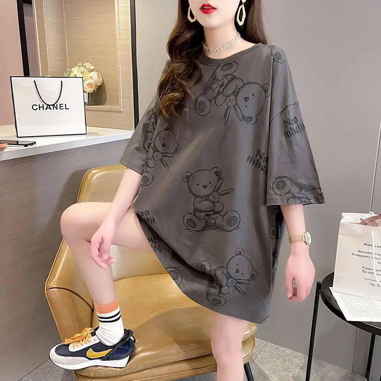 Plus Size Women’s Cartoon T-Shirt | Summer Loose Fit Top | Korean Style Short Sleeve Round Neck