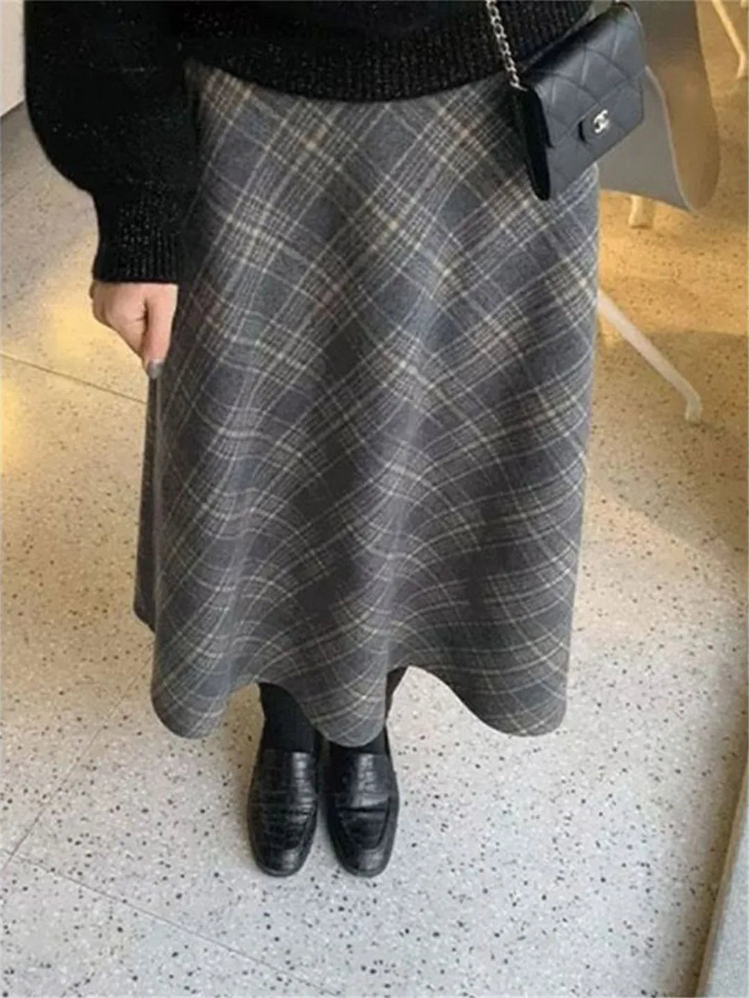 Retro Plaid  Skirt Women's Autumn Winter New A-Line Umbrella Skirt Wrap around Mid-Length Small Size f-length Skirt