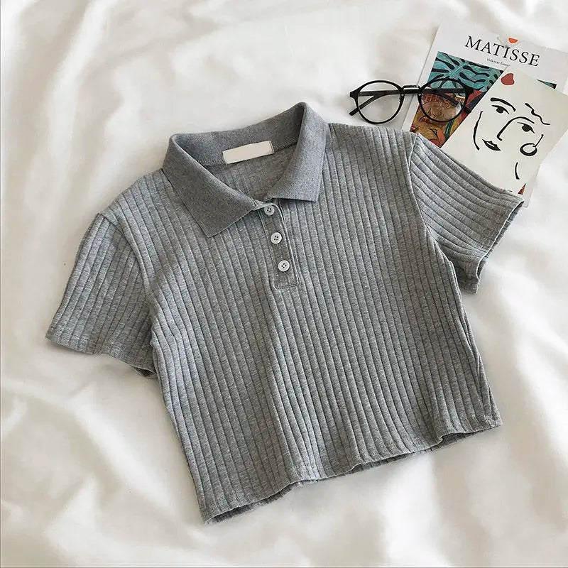 Women’s Knit Polo Neck Cropped Shirt – Summer Short Sleeve Solid Color Youthful Top 👚☀️