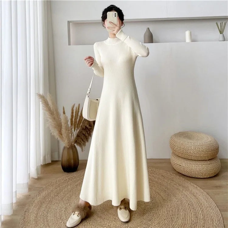 Women’s Knitted A-Line Dress – Slimming Waist Design Autumn Winter Sweater Long Dress | High-End Inner Wear