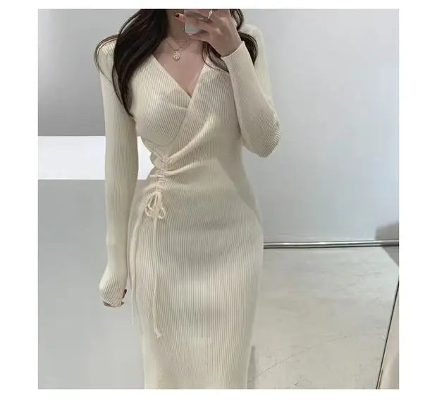 Chic V-Neck Pleated Drawstring Slimming Mid-Length Wrap Dress – Women’s Knitted Sweater Dress | Korean Style High Waist A-Line