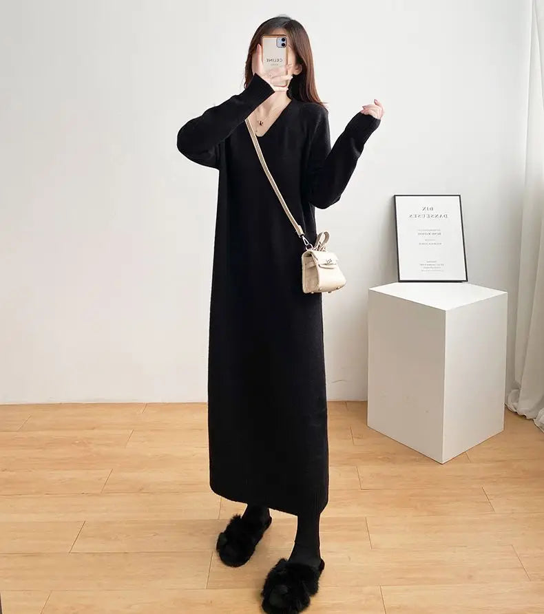 Ladies’ Knitted V-Neck Dress – Loose Fit Base Layer Skirt, Casual Straight Tube Korean Style Autumn Winter Dress