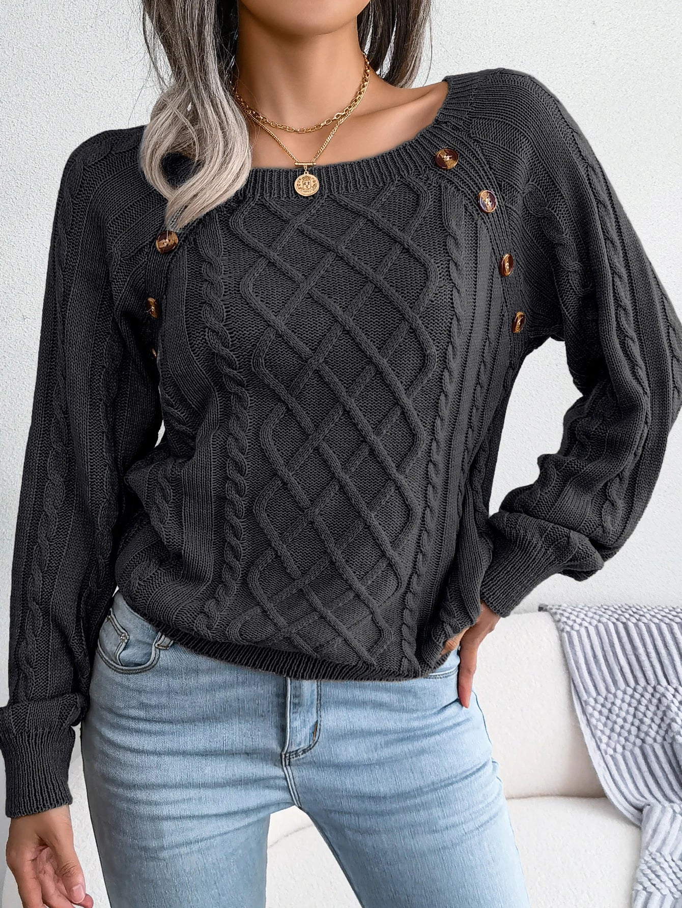 Women’s Casual Square Collar Knitted Pullover Sweater – Long Sleeve Autumn Winter 2025 Top