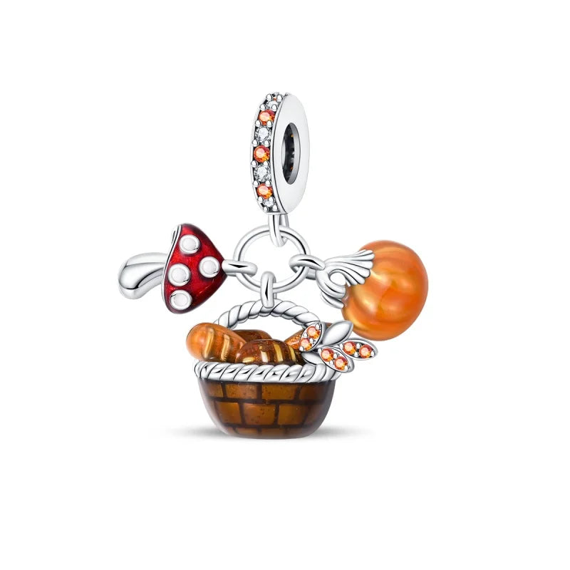 925 Sterling Silver Squirrel & Maple Leaf Charm | Shiny Zircon Autumn Beads Fit Pandora Bracelet DIY Jewelry