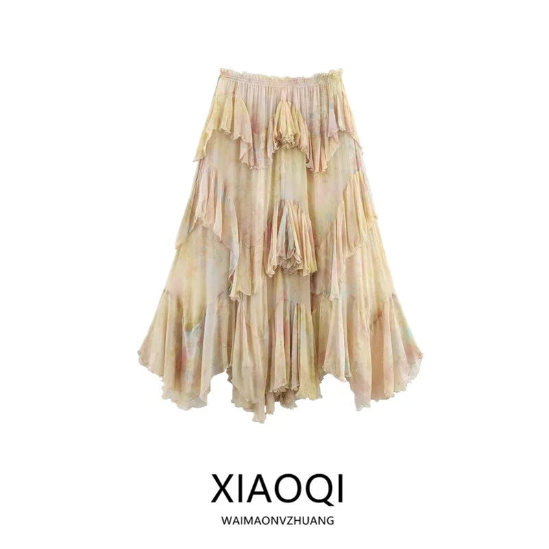Summer 2025 Women’s Long Printed Layered Skirt – High Waist Floral Midi Skirt Fashion Design