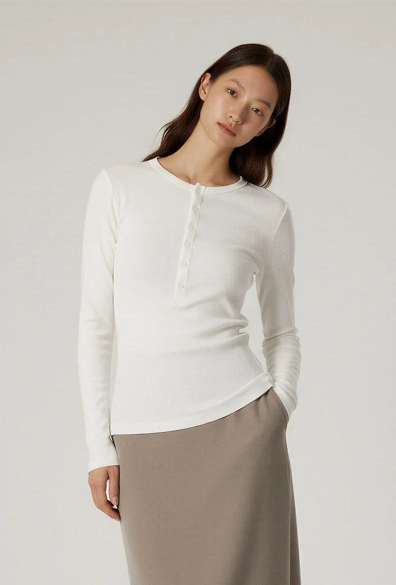 Women’s Casual Henley Neck Long Sleeve T-Shirt – Minimalist Solid Skinny Lenzing Lyocell Top