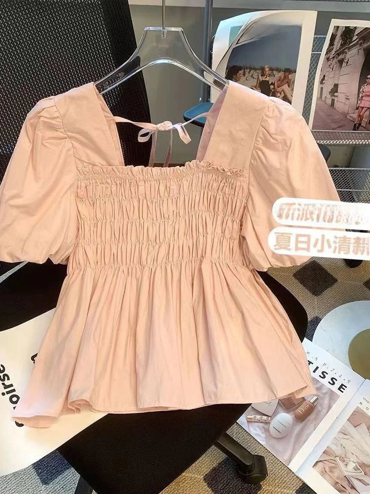Summer 2025 New Sle Square Collar Pleated ort Sve Doll irt Women Small Size Bubble Sve Chiffon Blouse Top