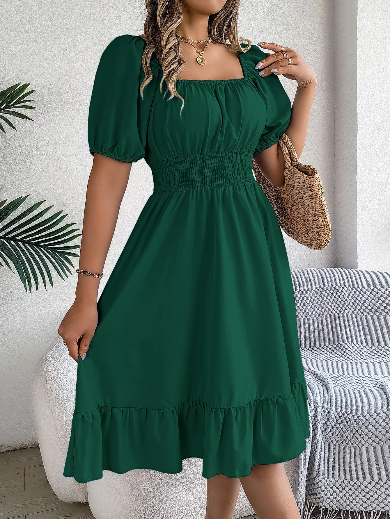 2026 Women’s Elegant High-Waisted Dress – Square Neck, Short Sleeve, Ruffled Edge Long Dress | Spring Summer Valentine’s Day