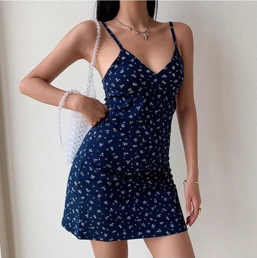 Sleeveless Vintage Floral Spaghetti Strap Mini Dress – Women’s V-Neck Backless Summer Camisole Dress