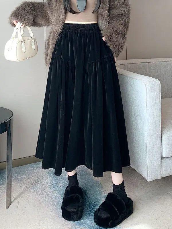Plus Size Black Velvet Midi Skirt – High Waist A-Line Autumn Winter Mid-Length Skirt for Women