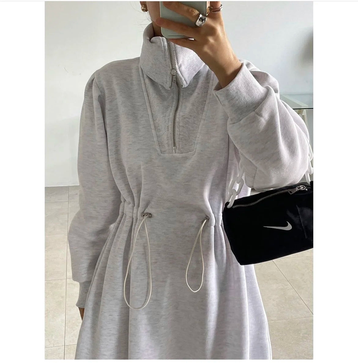 Chic Autumn Long Sve Dstring Waist Slim A-Line Dr Hoodie Women's Faionable Youthful f Open Collar Dr