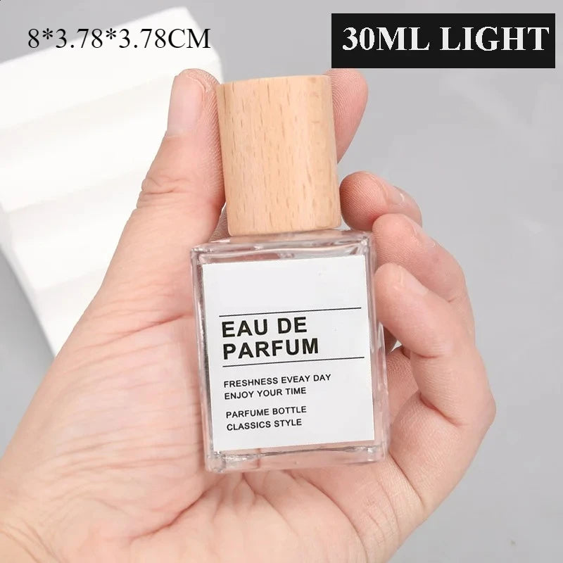 30ml / 50ml Refillable Perfume Bottle – Empty Glass Flat Square Spray Container | Portable Travel Cosmetic Bottle with Wooden Lid