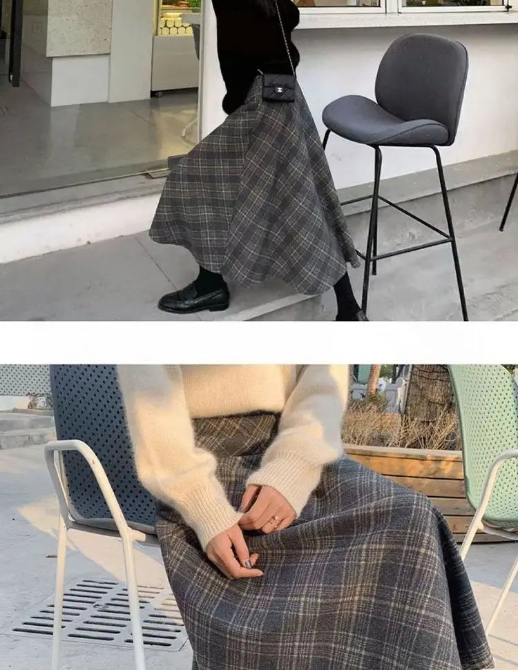 🍂 Retro Plaid Skirt 👗 Women's Autumn Winter New A-Line Umbrella Wrap Mid-Length Small Size Skirt 🌟