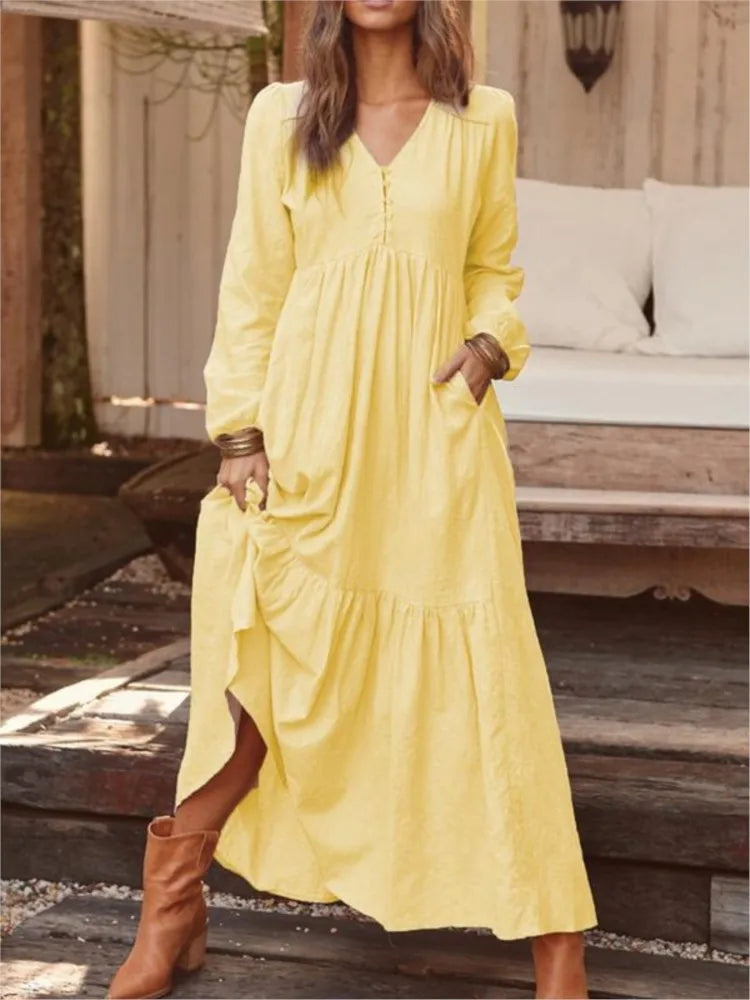 New Autumn Winter Women’s Long Dress – Retro V-Neck Button Long Sleeve Cotton Dress | Wide Swing Casual Fashion