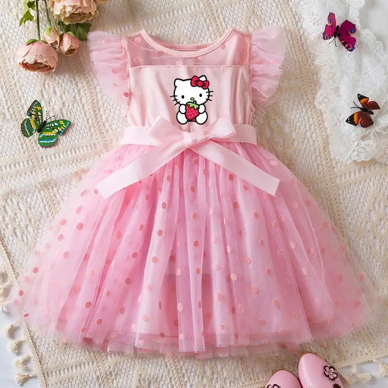 Hello Kitty Summer Kids Girls  Ruffles Sleeves Elegant Princess Mesh Dresses Girls Birthday Party Casual Sweet Dresses 2-6Y