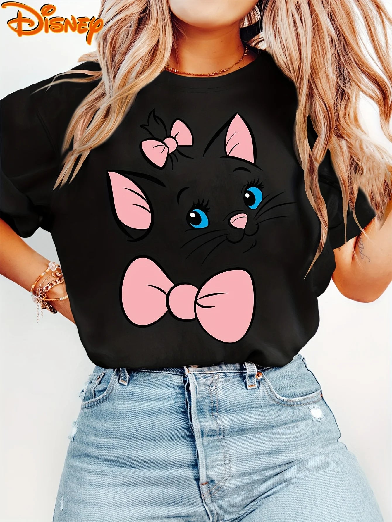 Women’s Disney Marie Cat & Pink Bow T-Shirt – Men Cotton Oversize O-Neck Casual Tee