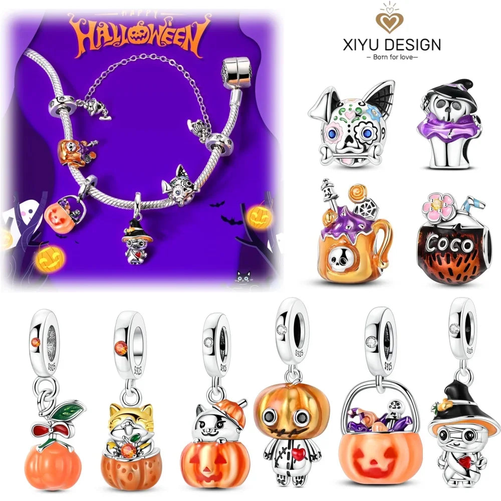 Halloween 925 Sterling Silver Luminous Pumpkin Witch Charm | Skeleton, Mummy & Candy Bead for DIY Bracelet Jewelry Gift