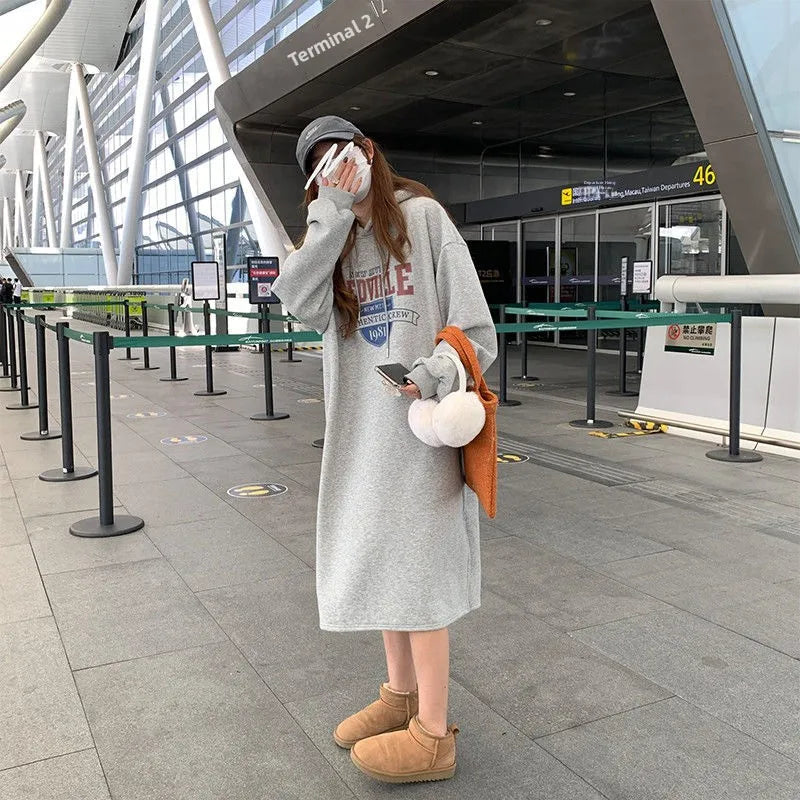 Winter Thiened Fleece Sweatshirt Dress – Printed Midi Skirt Hoodie Dress, Lazy Long Sleeve Outerwear for Young Women