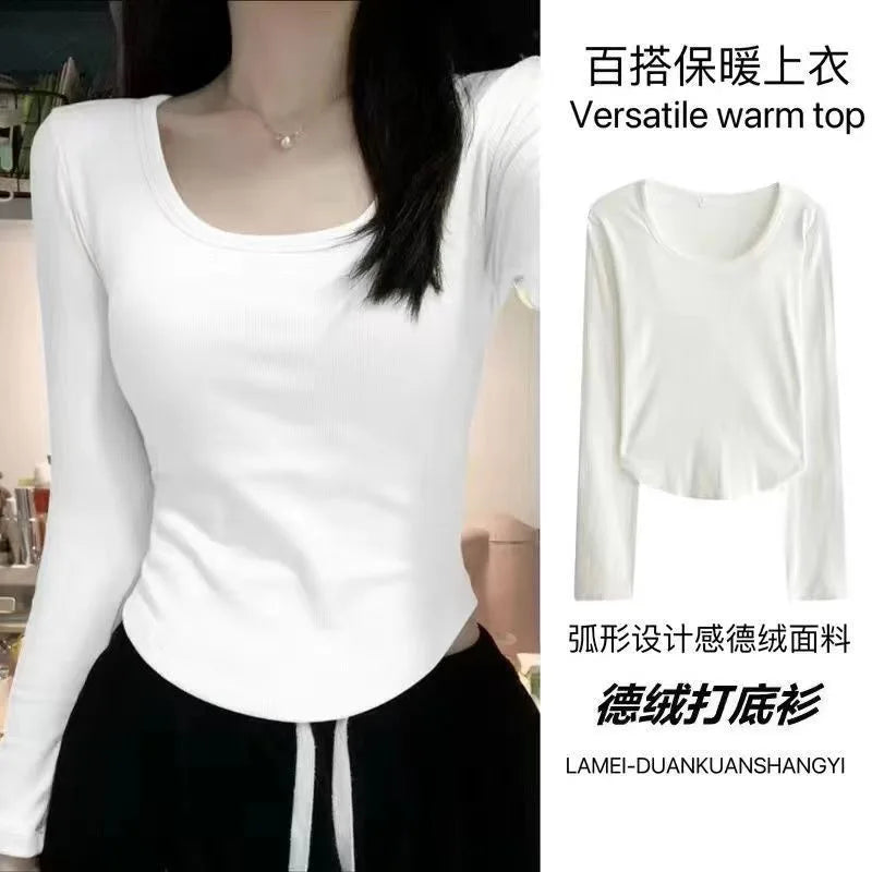Women's Fleece-Lined Long Sleeve T-Shirt ❄️ Sweet Slim Fit U-Neck Top 👚 Autumn Winter Warm Fashion