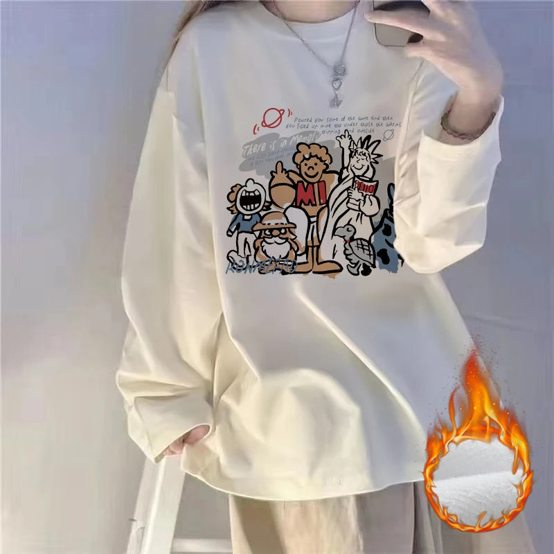 White Fleece-Lined Loose Long Sleeve Women’s T-Shirt – Slimming Base Layer Korean Style Commute Top