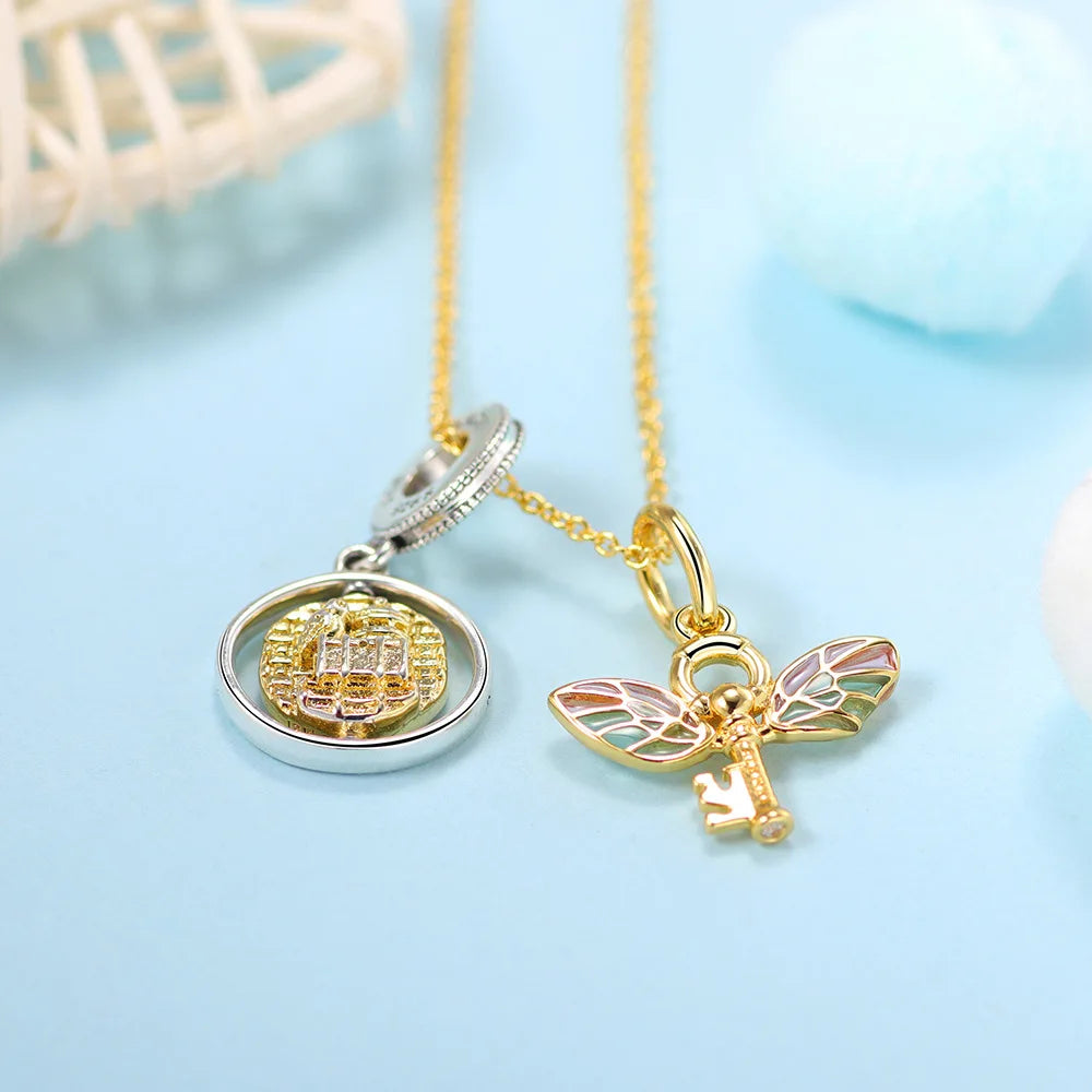 925 Sterling Silver Disney Castle Flower Fairy Rabbit Wings Charm | Fits Original Bracelet Pendant Women DIY Jewelry