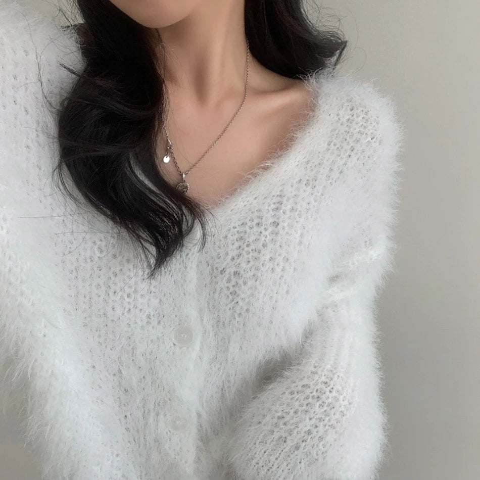 Chic V-Neck Knitted Sweater Coat for Women 🧥✨ Faux Fur Lazy Style Cardigan 💖 Autumn Winter Fashion Outerwear