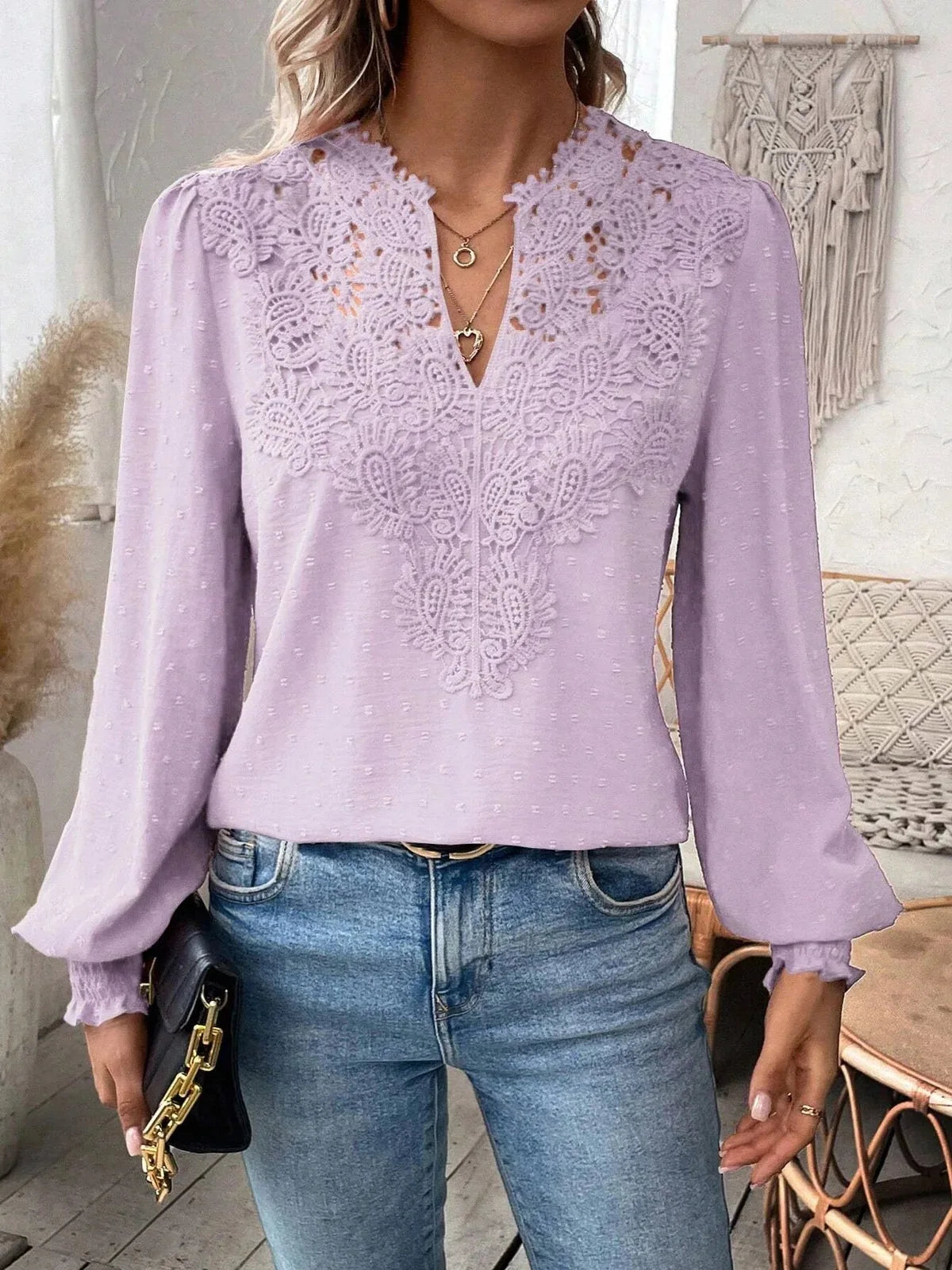 Women’s Long Sleeve Sweater – Fall 2024 Trendy Sexy Lace V-Neck Puff Sleeve Pullover Cute Tops 🍂✨