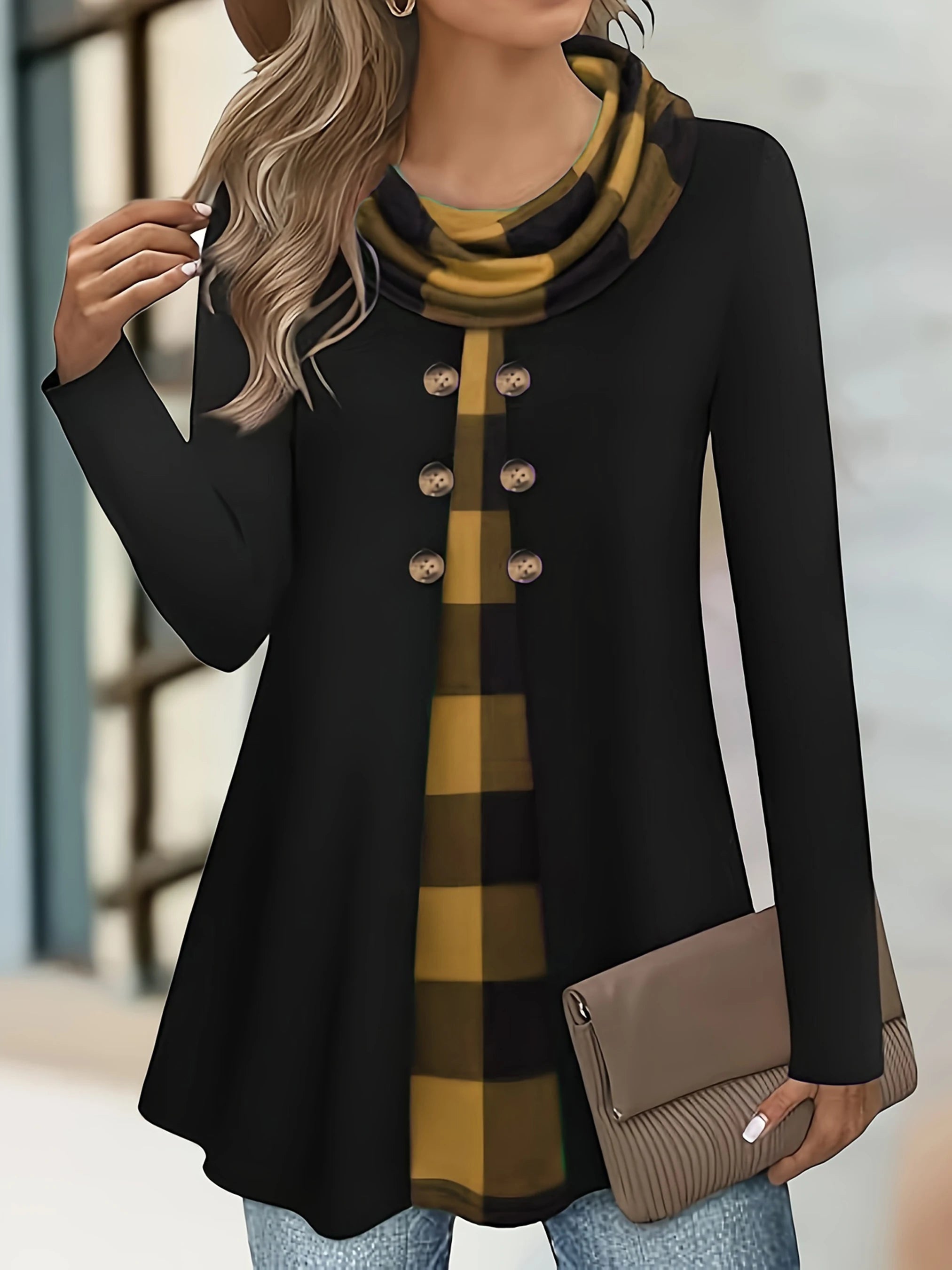 European & American Plaid Print Fake Two-Piece Plus Size Long Sleeve T-Shirt – Pleated Scarf Button Top 👚✨