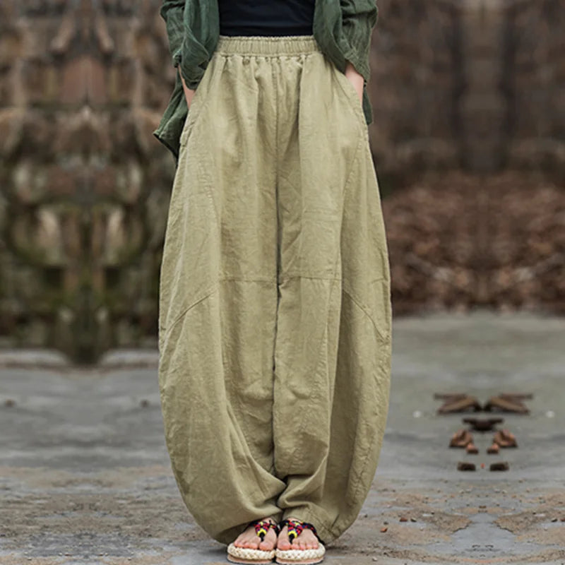 Elegant Women’s Cotton Linen Baggy Cargo Pants – Vintage Elastic Waist Wide-Leg Casual Trousers
