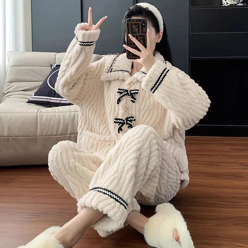 2PCS Women's Pajama Set 👚🩳 Autumn Winter Home Wear ❄️ Thick Padded Warm Princess Loungewear 🌸 Cozy Women's Clothing
