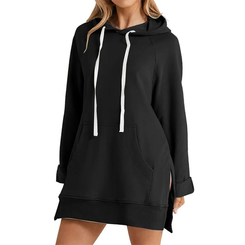 Women’s Hoodie Dress | Loose Mid-Length Pullover | Slit Hem Hooded Top with Pocket