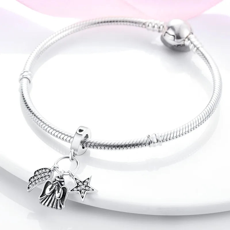 S925 Silver Angel Baby Charms | Heart Shape Wings Dangle Beads Fit Bracelet & Necklace