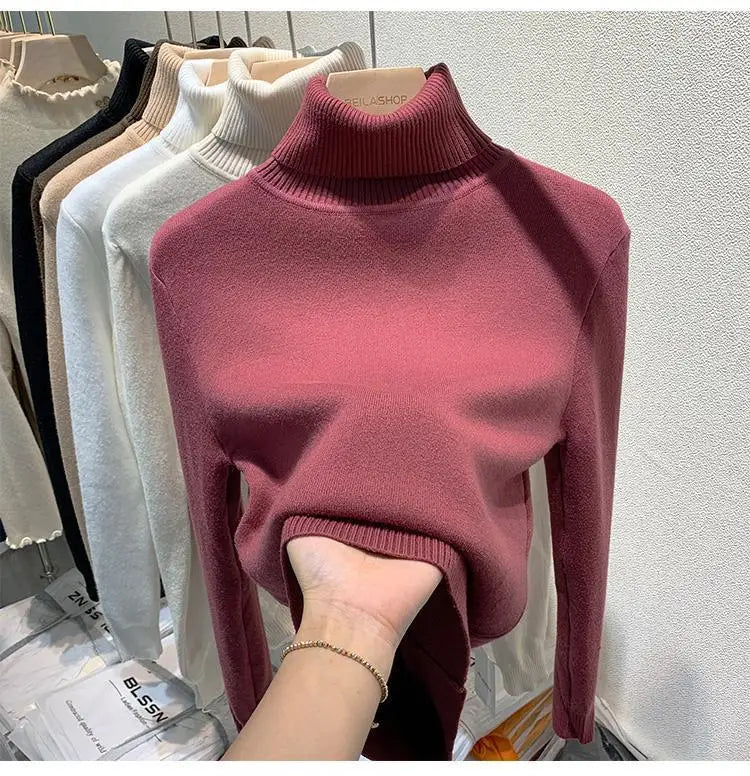 2025 Women’s High Collar Pullover Sweater – Thick Warm Soft Winter Top | Solid Color Bottoming Shirt