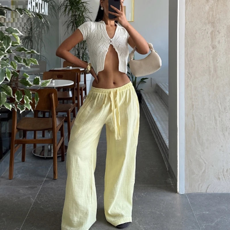 HXAO Women’s Baggy Wide Pants – Summer Linen Casual High Waist Pleated Trousers Black & White