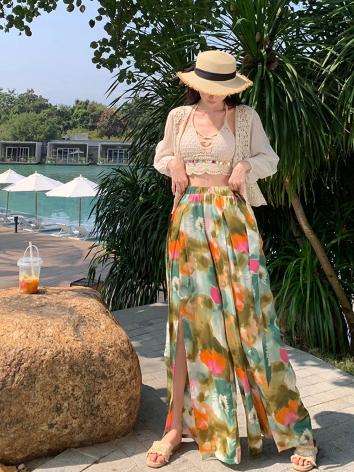 Vacation Style High Waist Wide Leg Pants – Thin Long Ethnic Print Pants for Beach & Holiday Wear