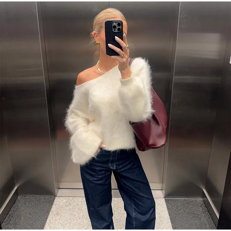 Women’s Off-Shoulder Mohair Sweater | Elegant Loose Knit Pullover for Autumn Fashion 2025