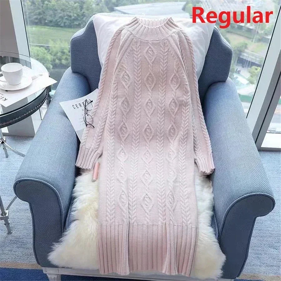 Winter Thicken Plus Velvet Sweater Dress for Women – Fall Mock Neck Rib Knit Midi Dress | Elegant Warm Vestido with Coats