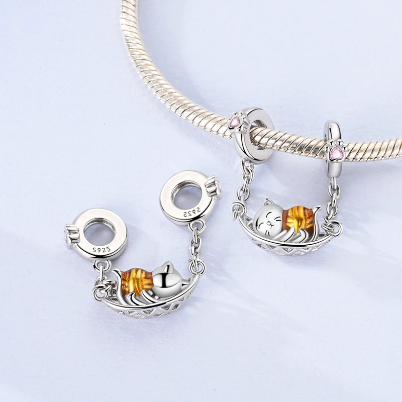 925 Sterling Silver Cute Cat Charm Beads | Paw Print Pendant for Original DIY Bracelets & Women’s Jewelry Gift