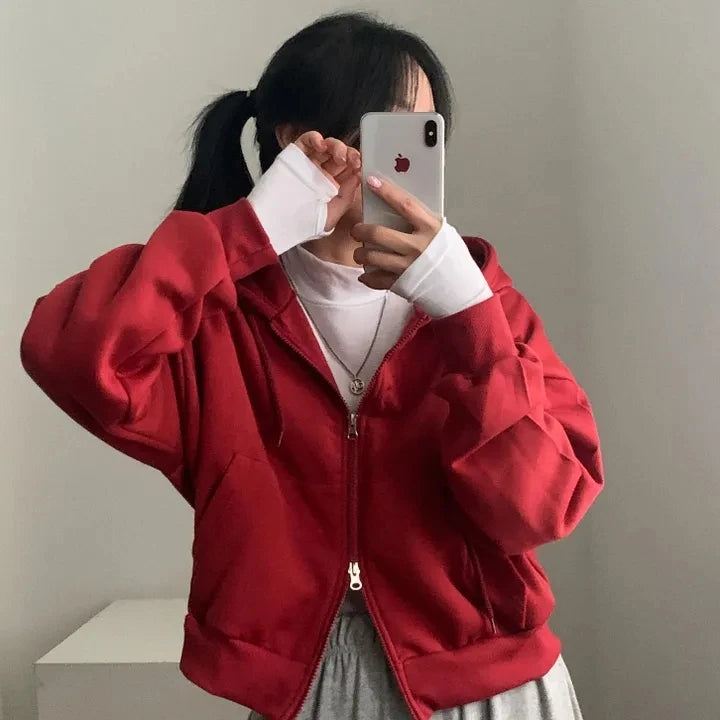 Chic Early Autumn Casual Long Sleeve Hoodie – Double Zipper Loose Versatile Cotton Pullover | Pure Color Commute Wear