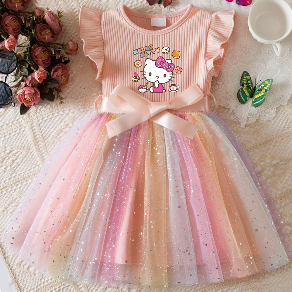 ✨ Hello Kitty Girls Sequins Dress 🎀 Rainbow Tulle Princess Dress 🌈 Toddler Birthday Party Outfit 👧 Ages 1–5 Years