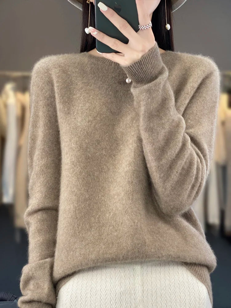 Women’s 100% Merino Wool O-Neck Cashmere Sweater – Autumn & Winter Casual Knitted Pullover 🍂🧶