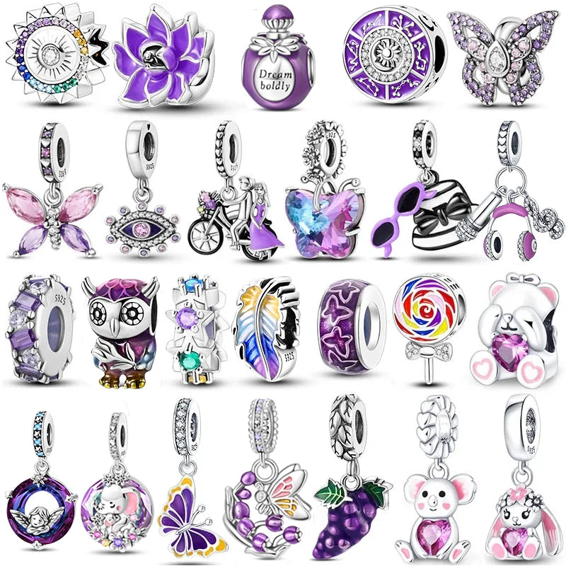 925 Sterling Silver Purple Flower & Butterfly Dangle Charm | Bead for 4MM Bracelet or Necklace DIY Jewelry Gift