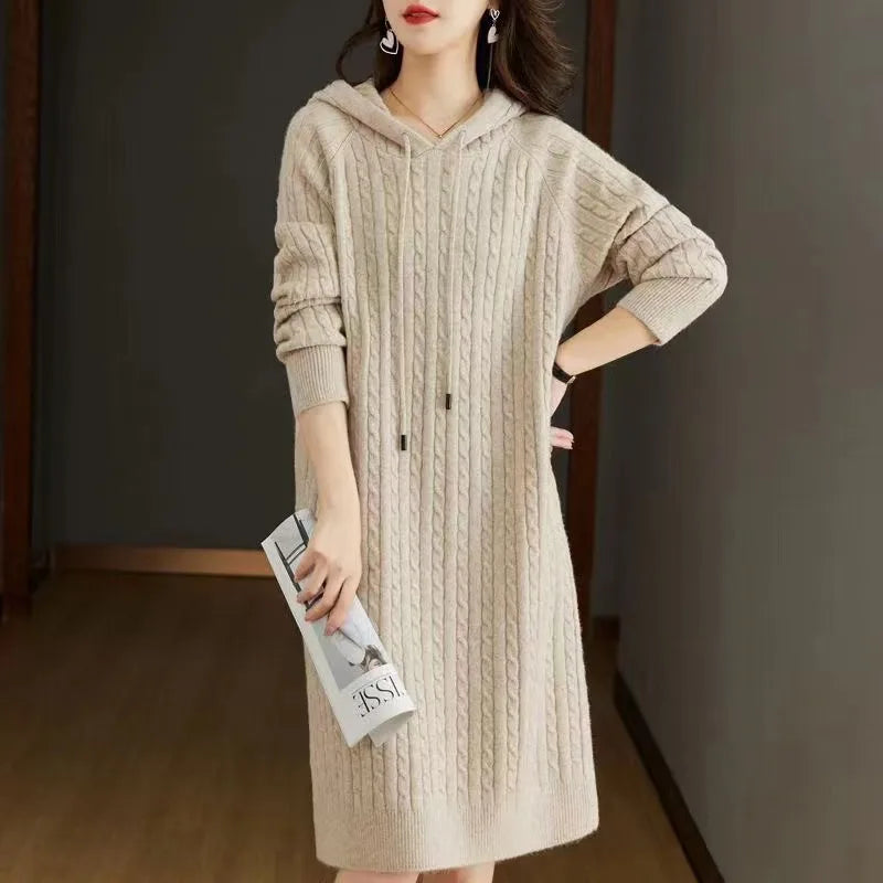 Autumn Winter Women’s Thickened Hooded Sweater Dress – Loose Long Sleeve Knitted Dress for Warm Comfort