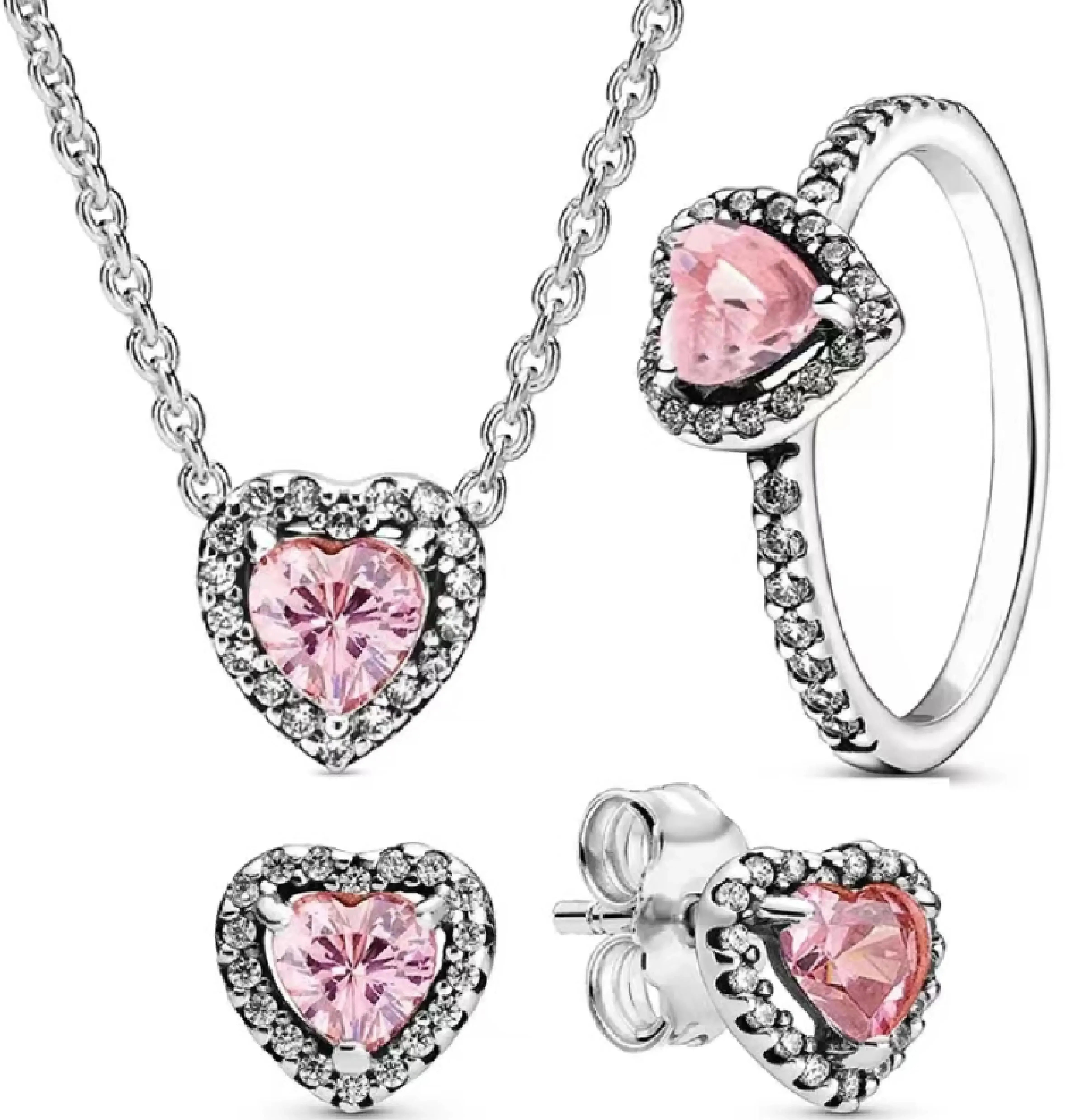 New 925 Sterling Silver Heart Jewelry Set | Pink, Red & Rainbow Earrings, Rings, Necklaces Gift Collection