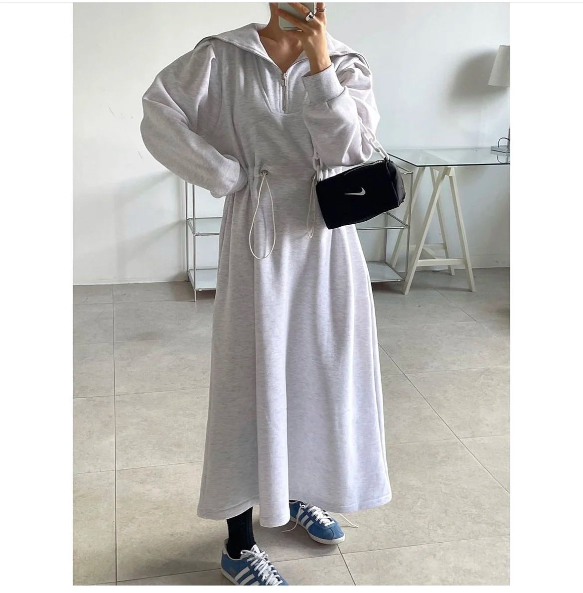 Chic Autumn Long Sve Dstring Waist Slim A-Line Dr Hoodie Women's Faionable Youthful f Open Collar Dr